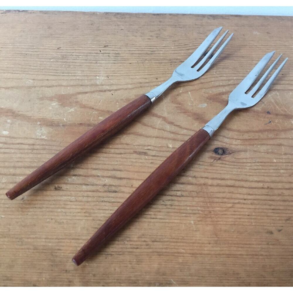 Pair Vtg Mid Century Dutch Stainless Pastry Forks Canoe Muffin Teak Wood Handles